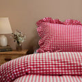 Rustic Gingham Duvet Cover with Ruffle - Red