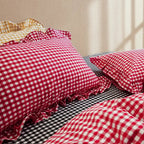 Rustic Gingham Duvet Cover with Ruffle - Red
