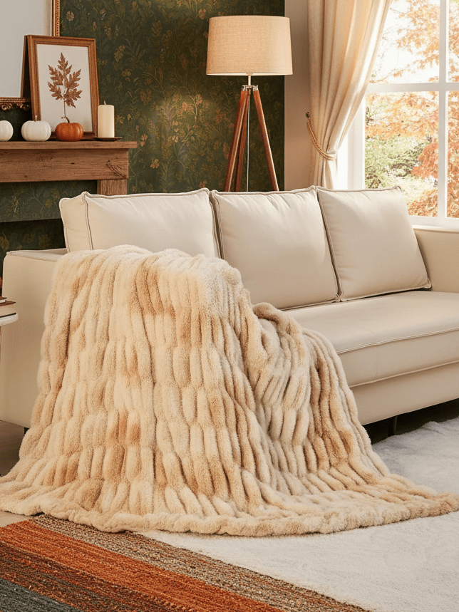 Beige Cinched Faux Fur Blanket