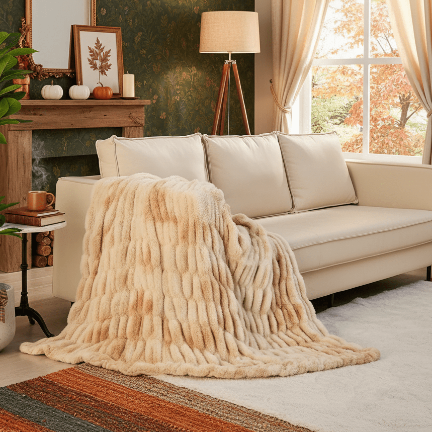 Beige Cinched Faux Fur Blanket