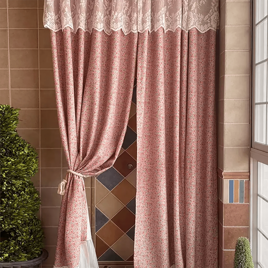 Pink Ditsy Floral Curtain with Lace