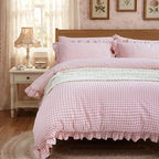 Rustic Gingham Duvet Cover with Ruffle - Pink