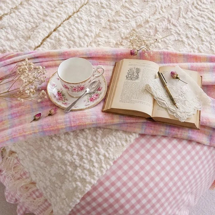 Rustic Gingham Duvet Cover with Ruffle - Pink
