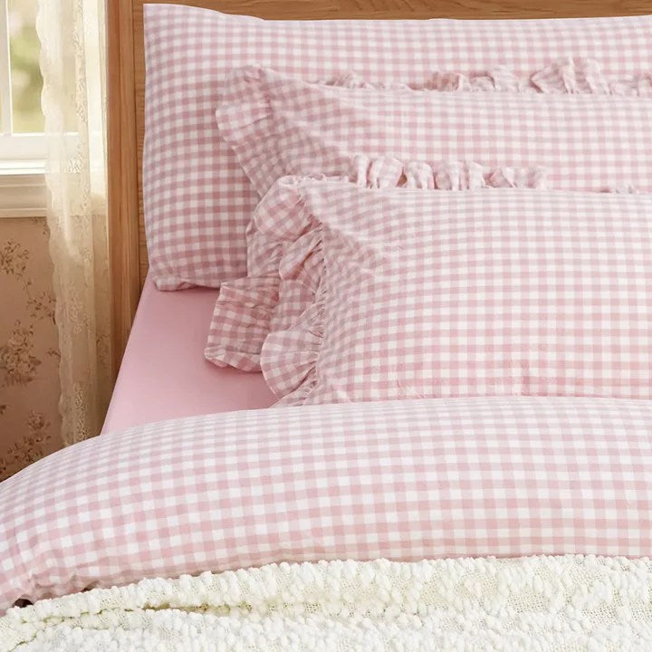 Rustic Gingham Duvet Cover with Ruffle - Pink