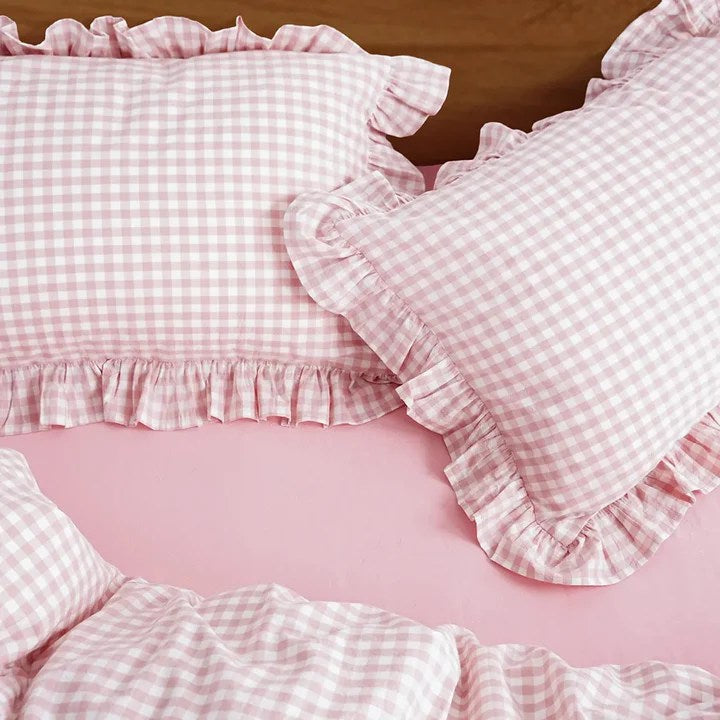 Rustic Gingham Duvet Cover with Ruffle - Pink