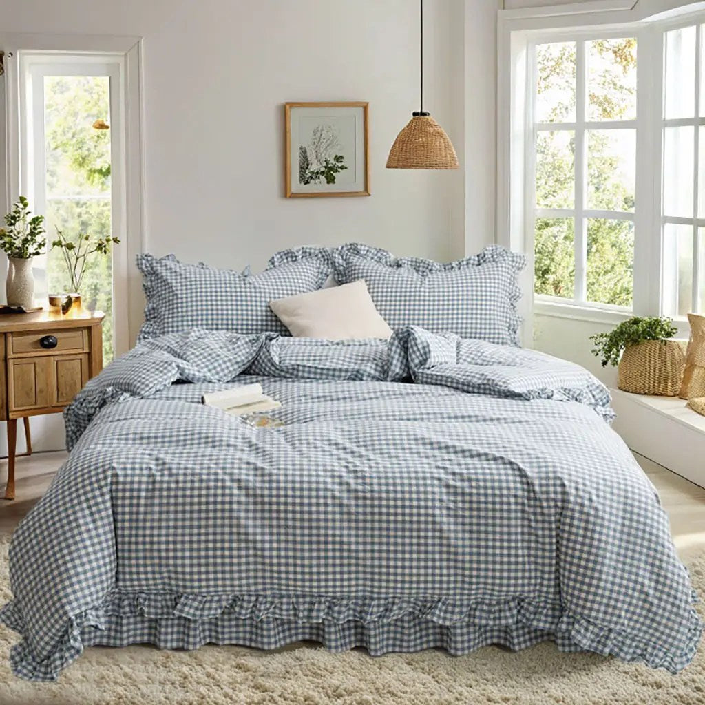 Rustic Gingham Duvet Cover with Ruffle - Blue