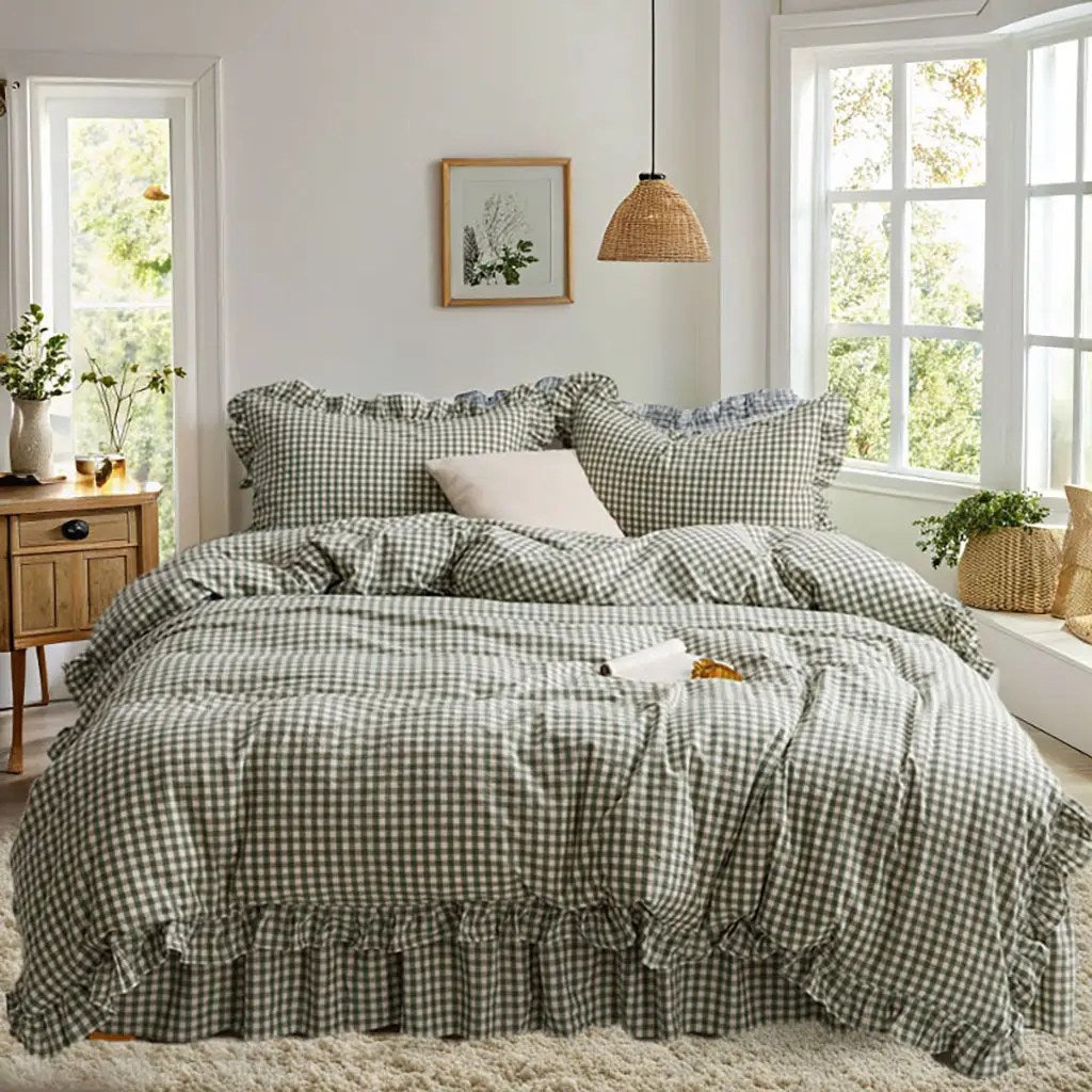 Rustic Gingham Duvet Cover with Ruffle - Green