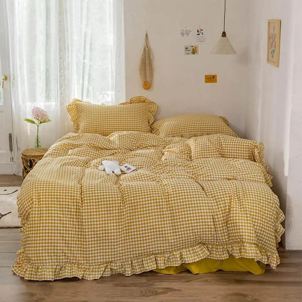 Rustic Gingham Duvet Cover with Ruffle - Yellow