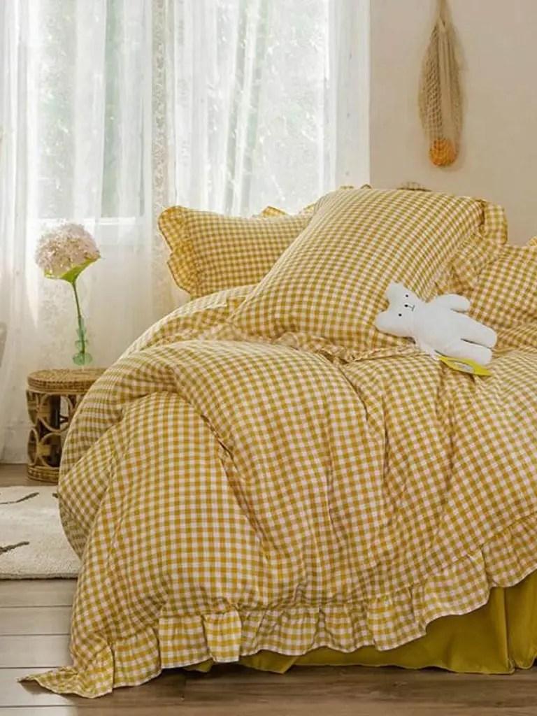 Rustic Gingham Duvet Cover with Ruffle - Yellow