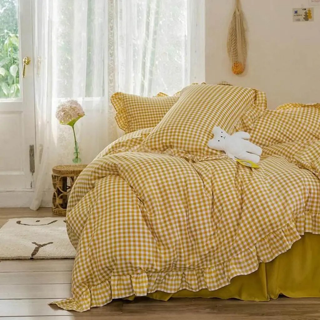 Rustic Gingham Duvet Cover with Ruffle - Yellow