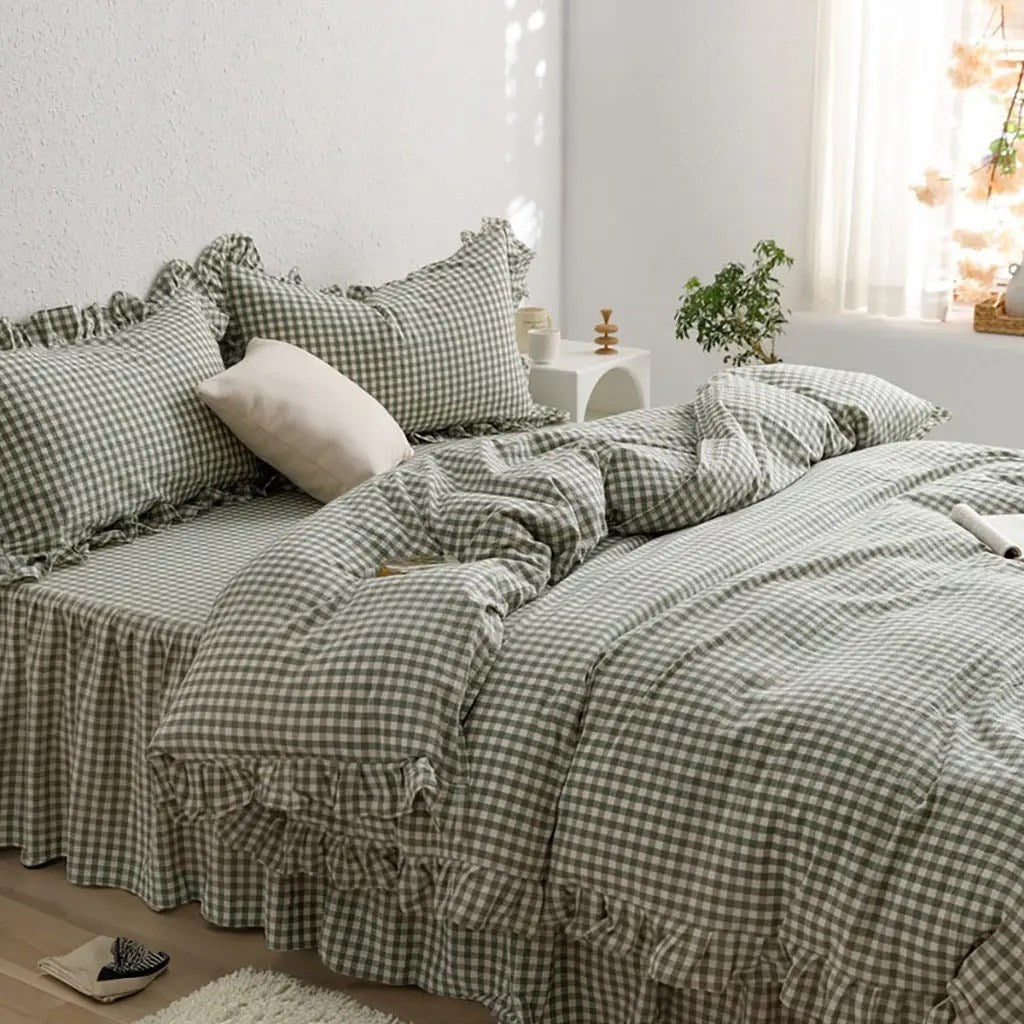 Rustic Gingham Duvet Cover with Ruffle - Green