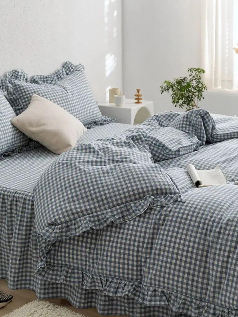Rustic Gingham Duvet Cover with Ruffle - Blue