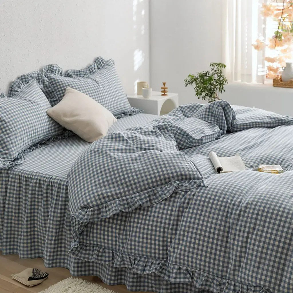 Rustic Gingham Duvet Cover with Ruffle - Blue