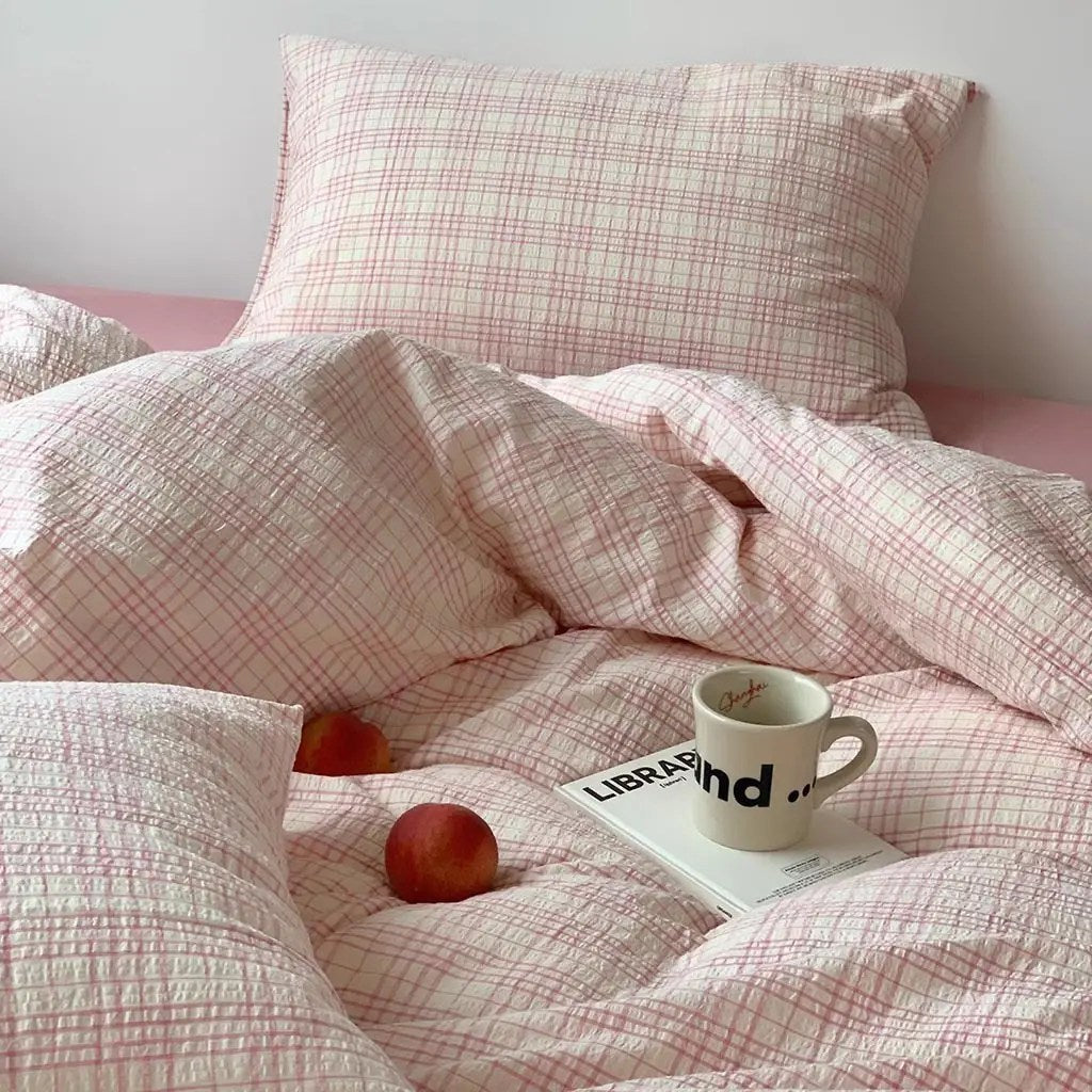 Soft Pink Plaid Cotton Duvet Cover