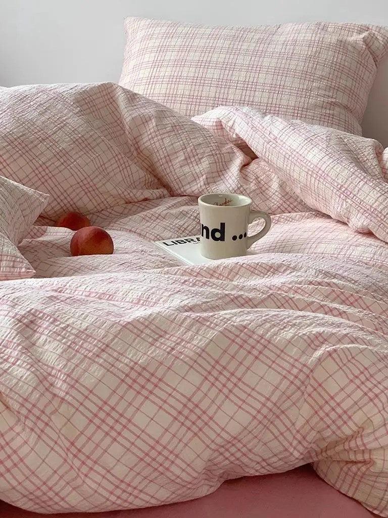 Soft Pink Plaid Cotton Bedding Set
