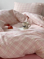 Soft Pink Plaid Cotton Bedding Set