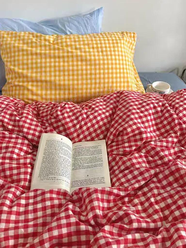 Cotton Small Gingham Duvet Cover Set - Vintage Red