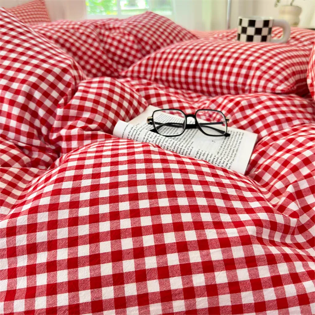 Cotton Small Gingham Duvet Cover Set - Vintage Red