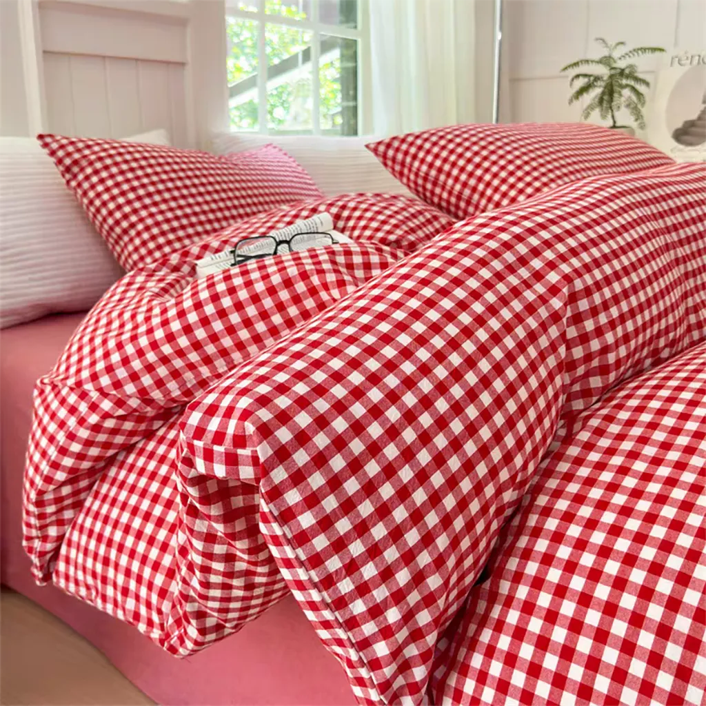 Cotton Small Gingham Duvet Cover Set - Vintage Red