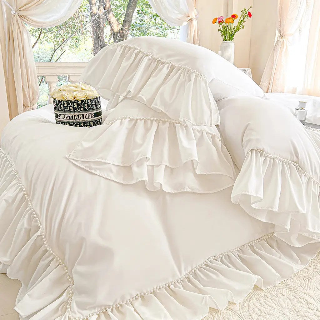 White Shabby Chic Pearl Beaded Duvet Cover Set