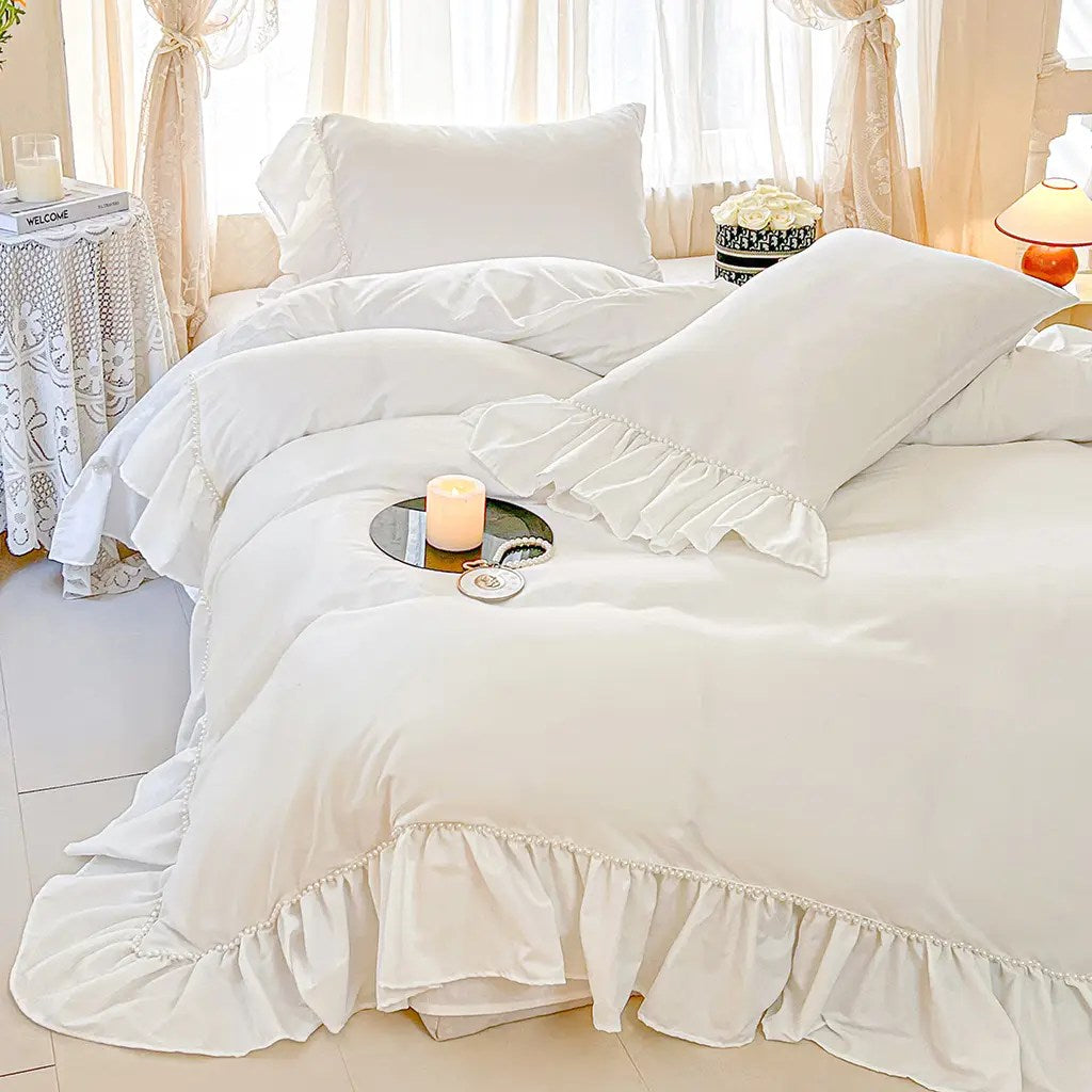 White Shabby Chic Pearl Beaded Bedding Set