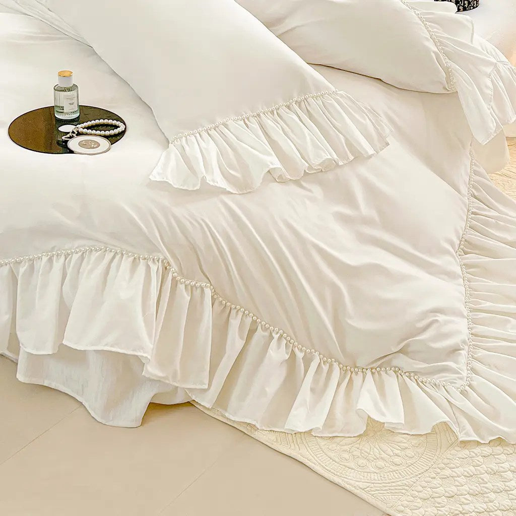 White Shabby Chic Pearl Beaded Bedding Set