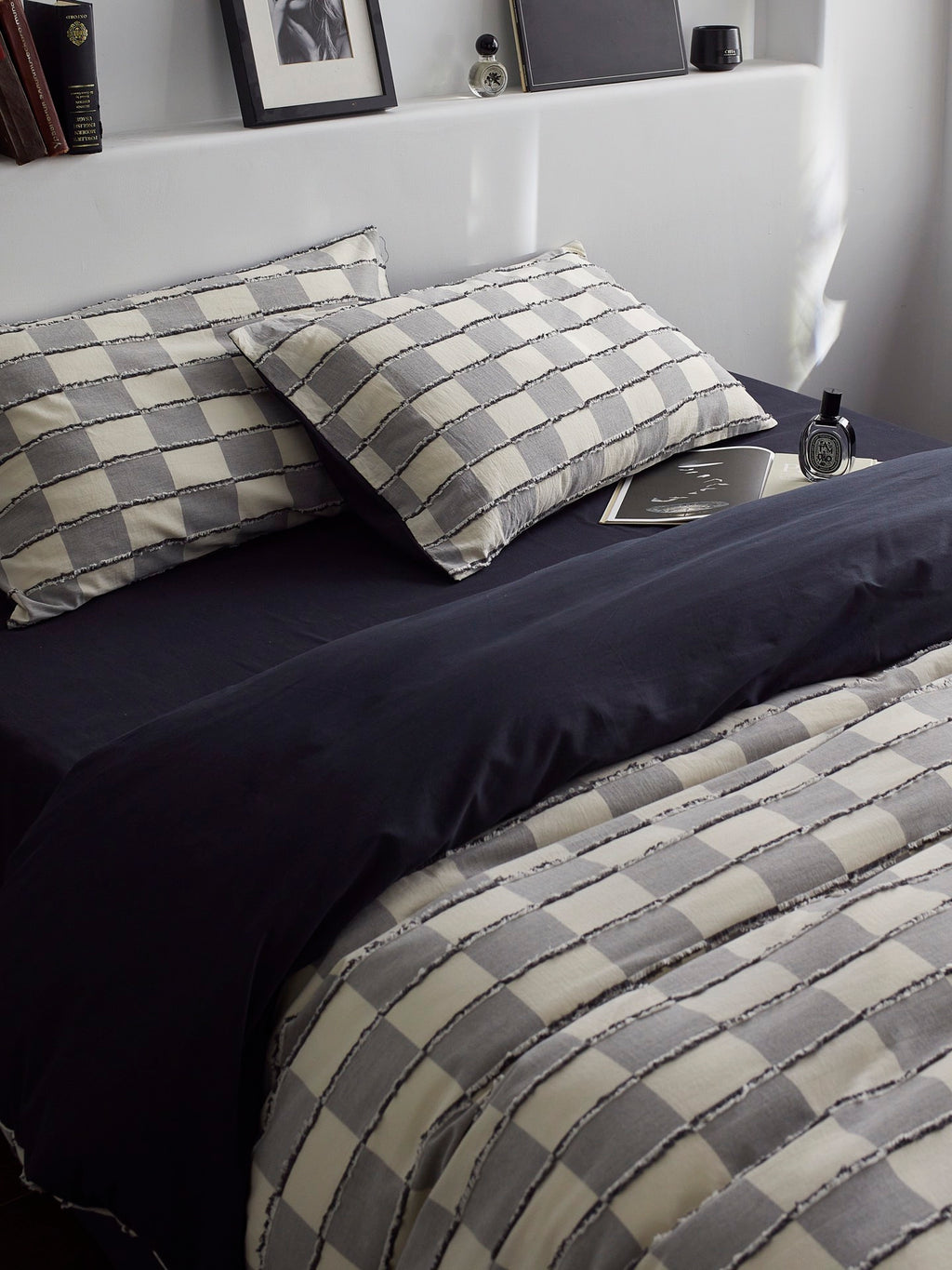 Ashwood Fringe Check Clipped Jacquard Cotton Bedding Set original reference image 1