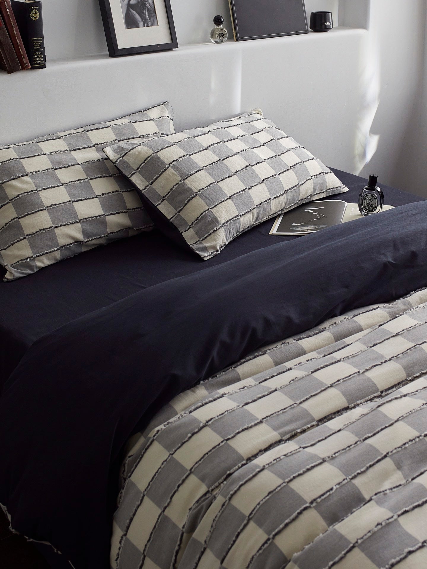 Ashwood Fringe Check Clipped Jacquard Cotton Bedding Set original reference image 1