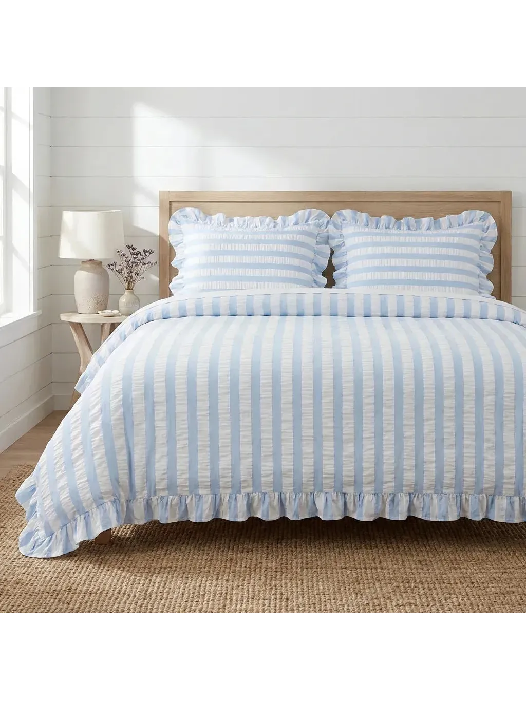 Baby Blue Seersucker Stripe Ruffle Duvet Cover
