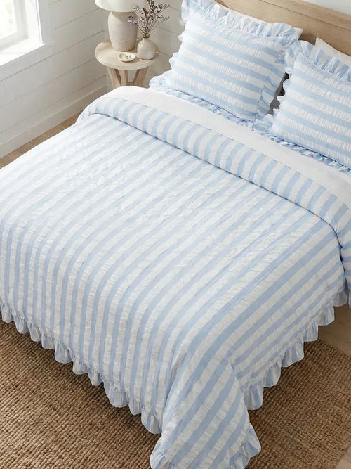 Baby Blue Seersucker Stripe Ruffle Duvet Cover
