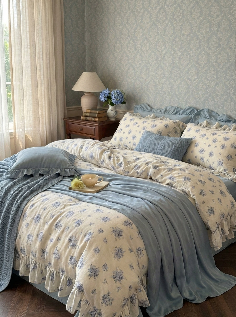 Bluebell Whisper Ruffle Muslin Gauze Bedding Set social image
