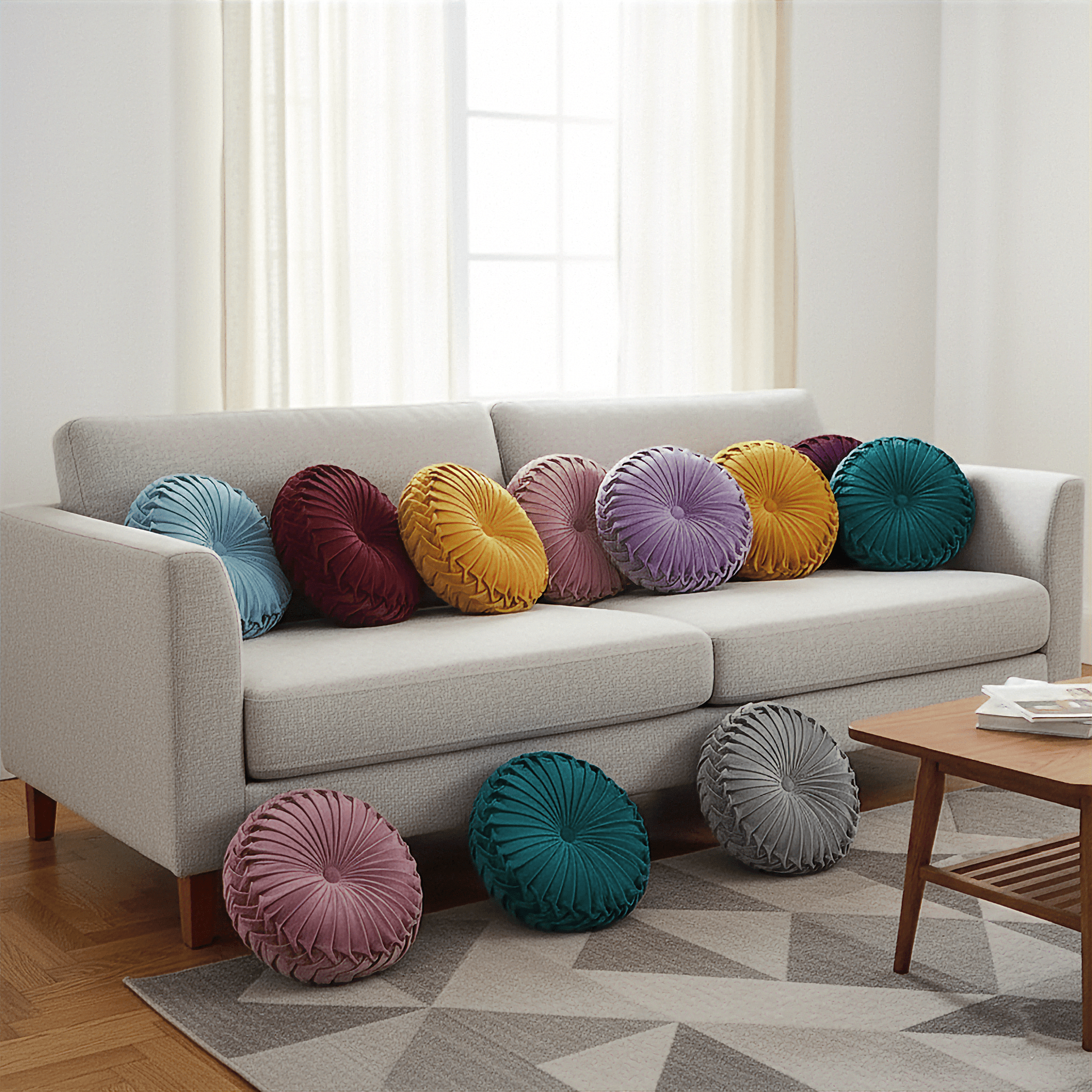 Colorful Round Pleated Velvet Cushion