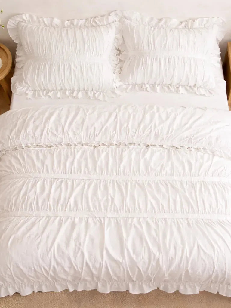 Cream Ruched Ruffle Cotton Duvet Cover