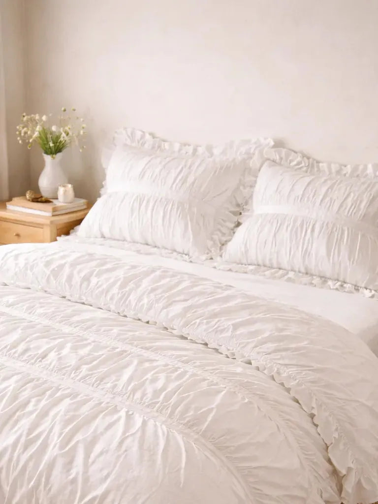 Cream Ruched Ruffle Cotton Duvet Cover