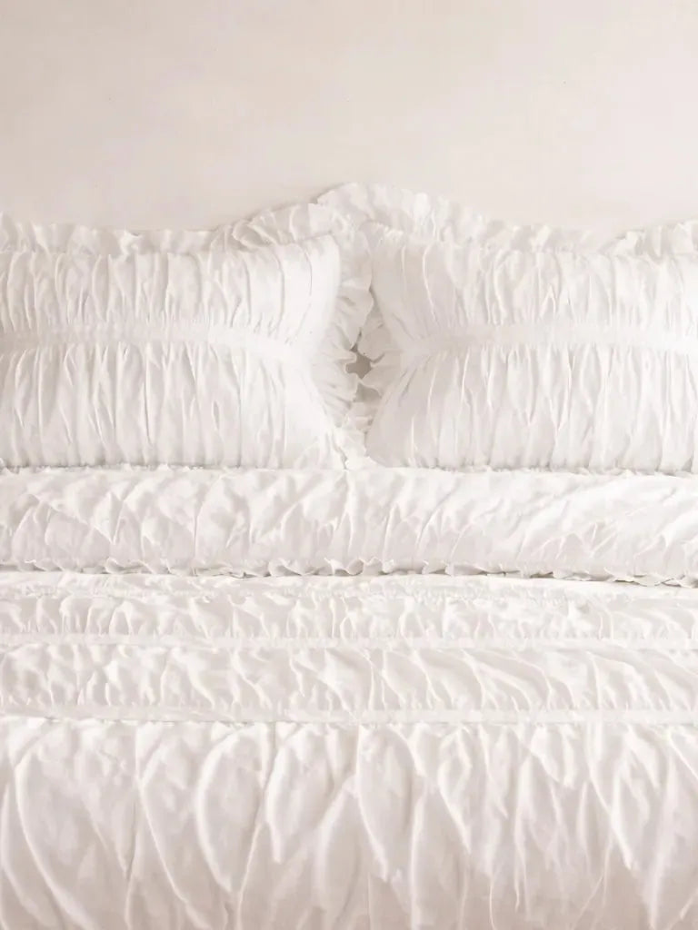 Cream Ruched Ruffle Cotton Duvet Cover