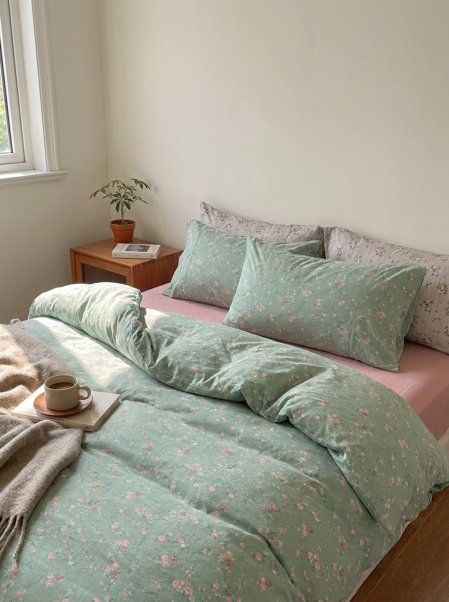 Green Rose Floral Cotton Jersey Duvet Cover lifestyle image