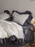 Ivory Charcoal Ruffle Stripe Cotton Muslin Bedding Set original reference image 1