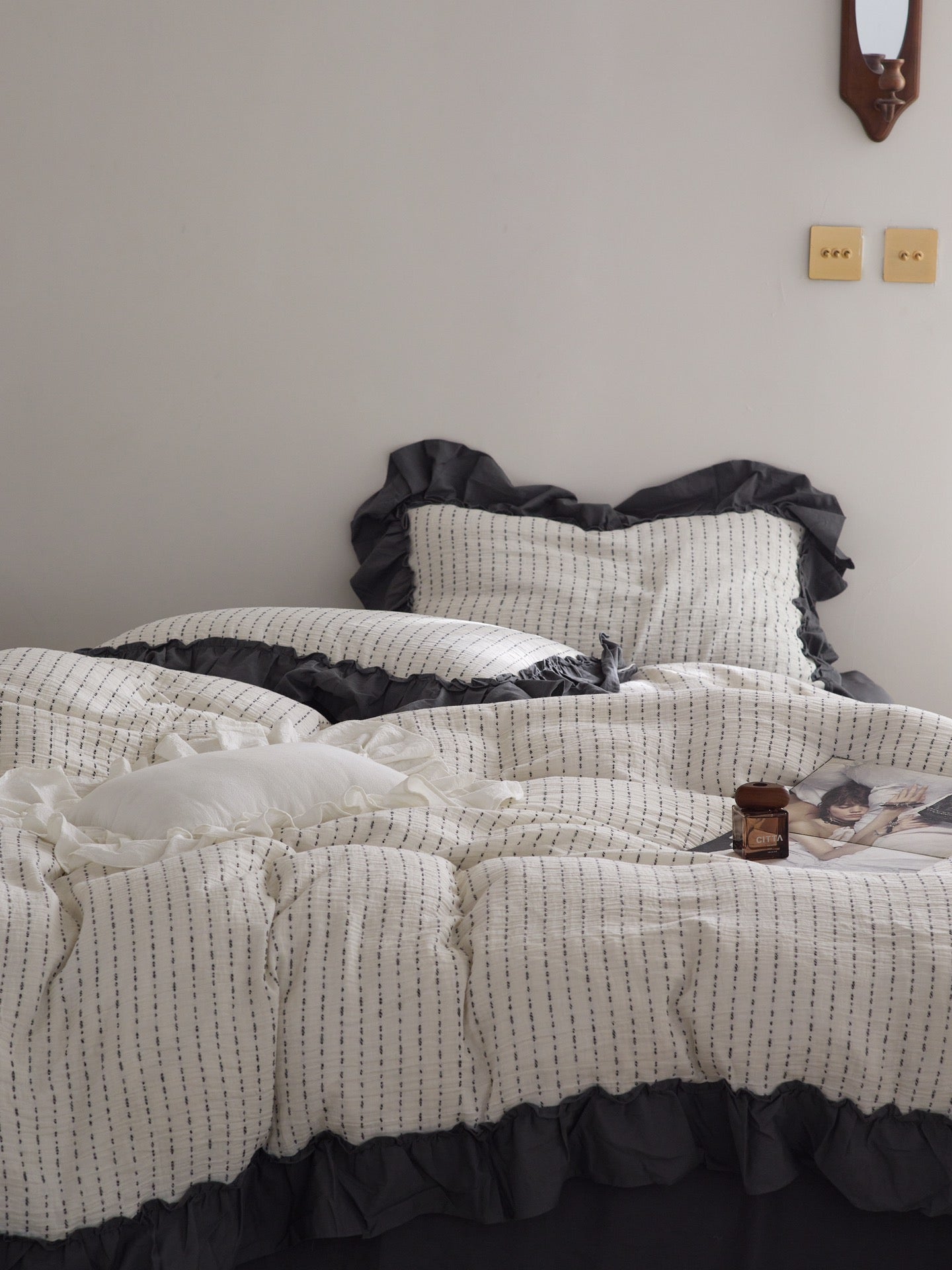Ivory Charcoal Ruffle Stripe Cotton Muslin Bedding Set original reference image 2