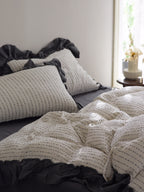 Ivory Charcoal Ruffle Stripe Cotton Muslin Bedding Set original reference image 3