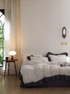 Ivory Charcoal Ruffle Stripe Cotton Muslin Bedding Set original reference image 4