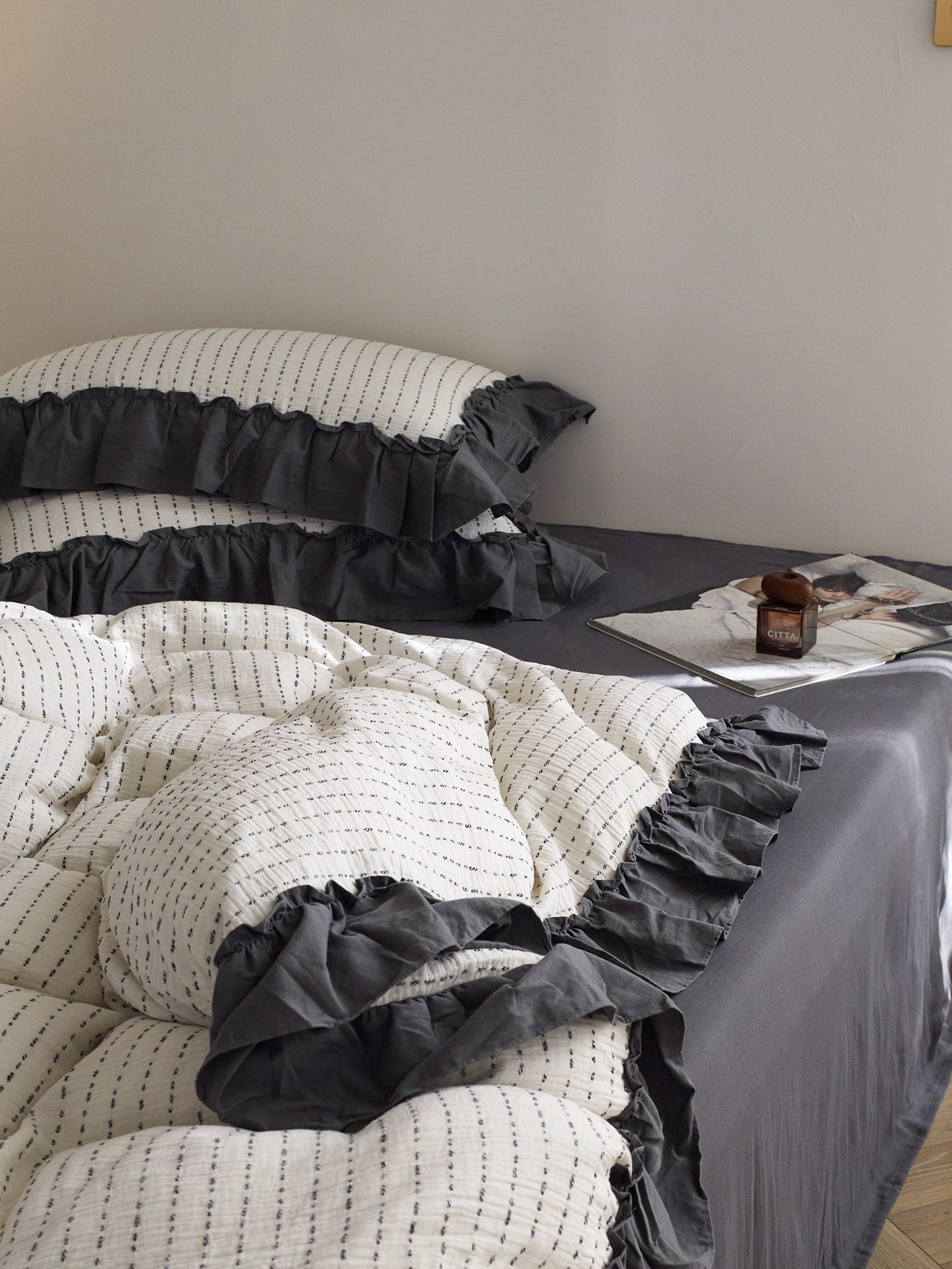 Ivory Charcoal Ruffle Stripe Cotton Muslin Bedding Set original reference image 6