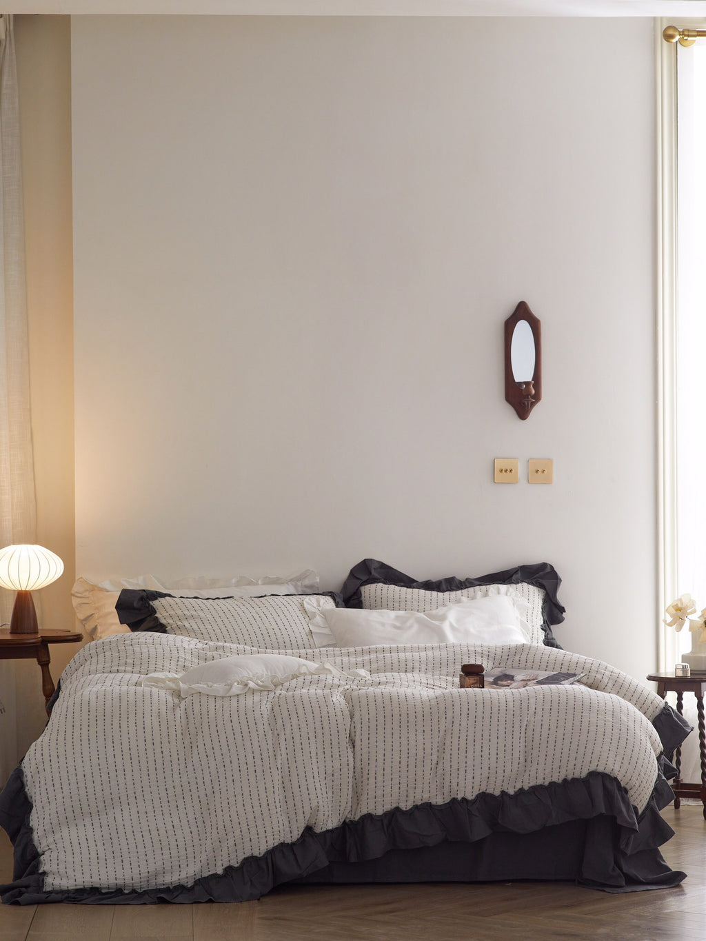 Ivory Charcoal Ruffle Stripe Cotton Muslin Bedding Set original reference image 8
