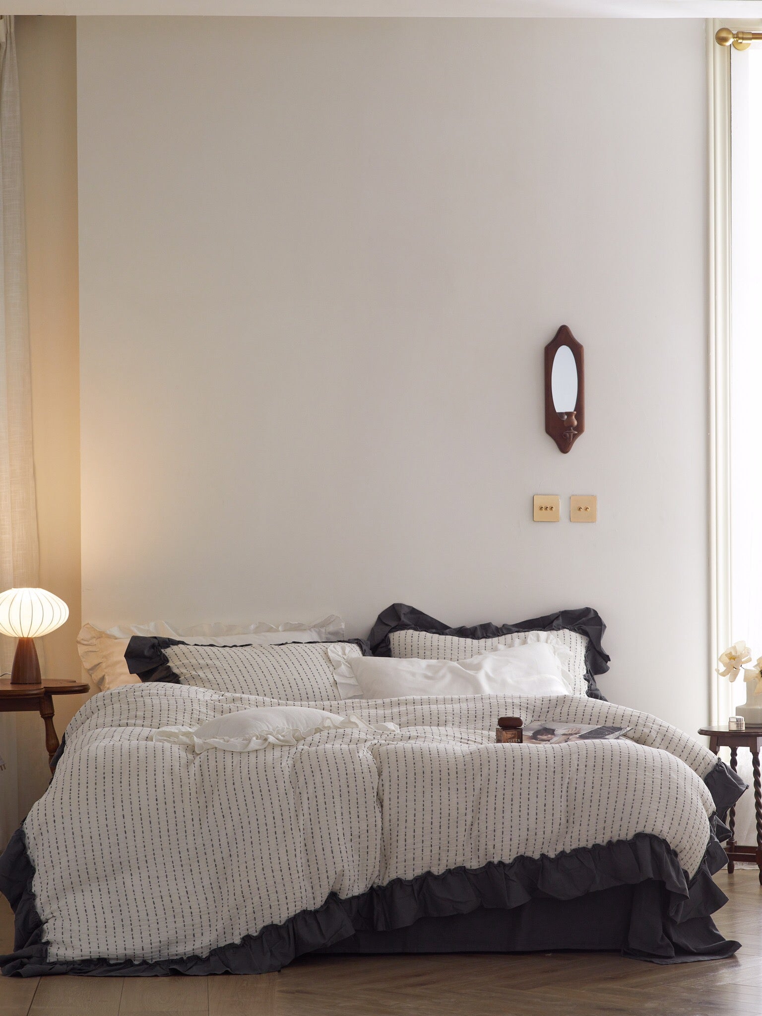 Ivory Charcoal Ruffle Stripe Cotton Muslin Bedding Set original reference image 8