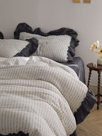 Ivory Charcoal Ruffle Stripe Cotton Muslin Bedding Set original reference image 9