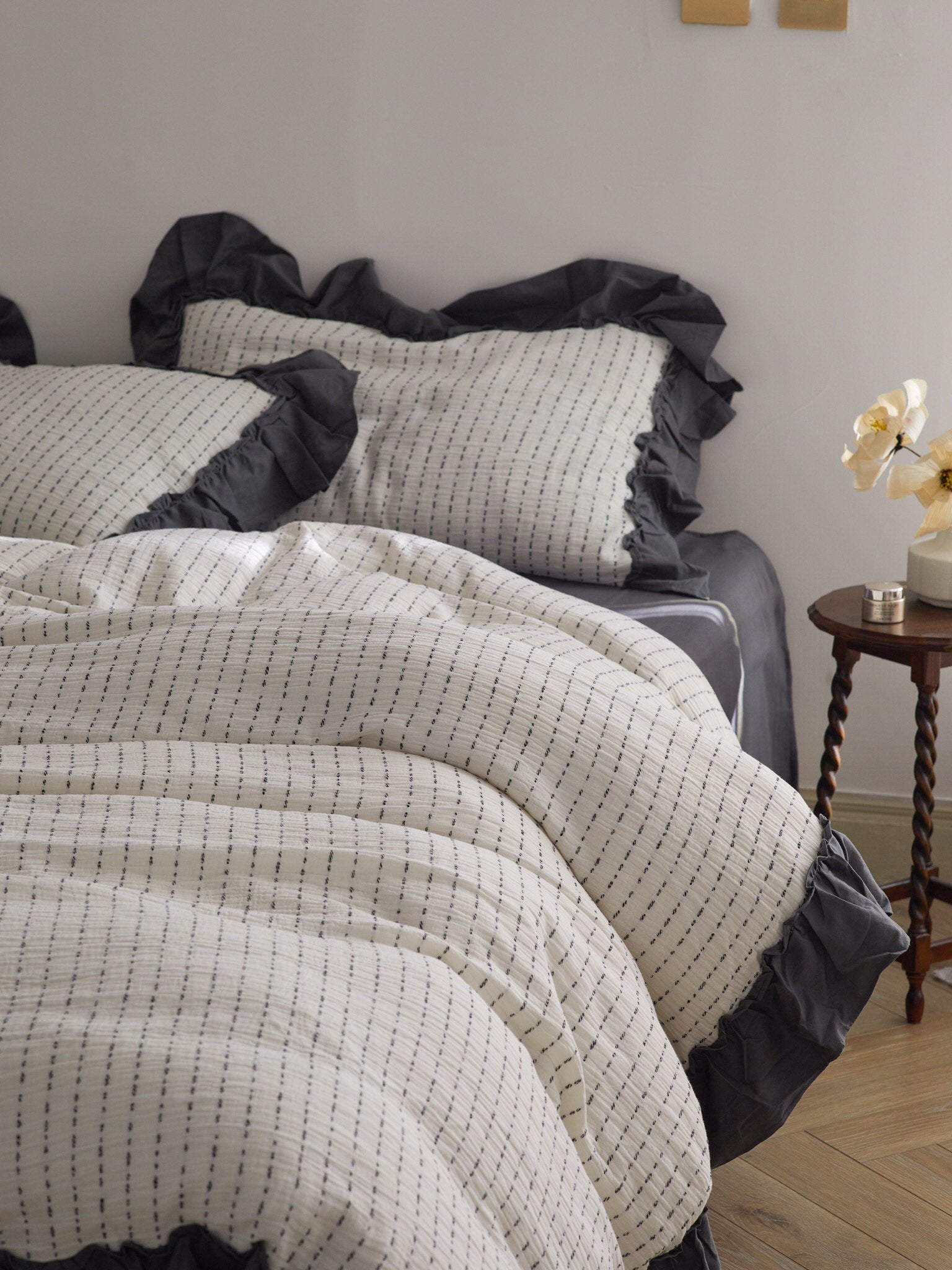 Ivory Charcoal Ruffle Stripe Cotton Muslin Bedding Set original reference image 9