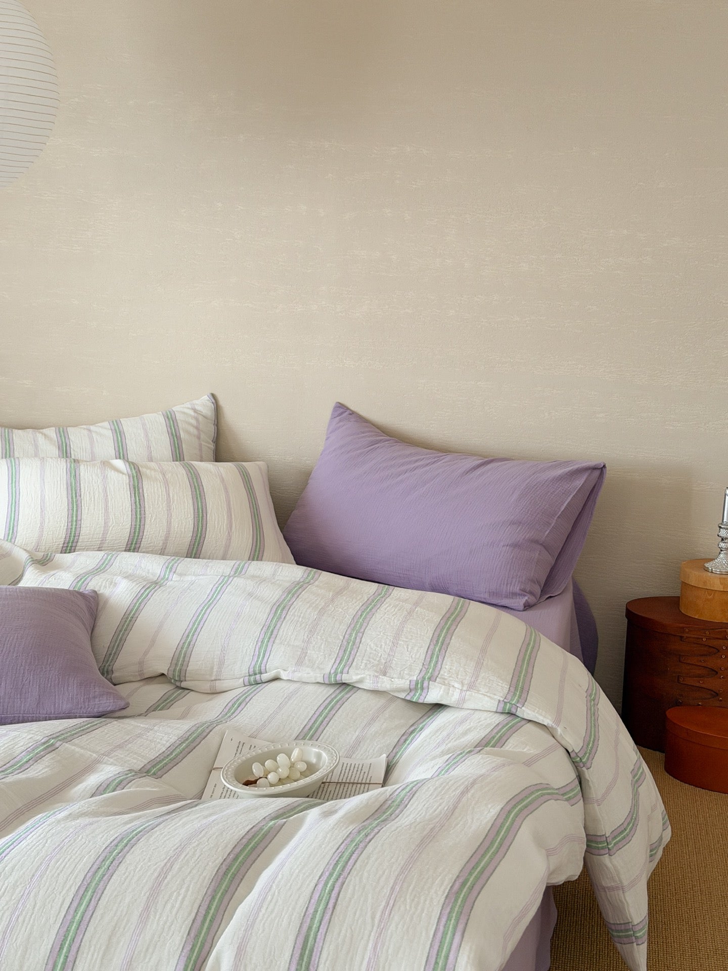 Lavender Meadow Stripe Cotton Muslin Bedding Set original reference image 4