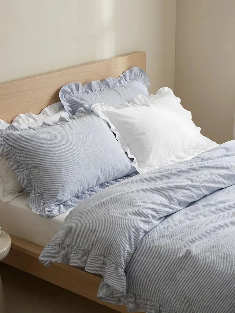 Light Blue Ruffled Ticking Stripe Duvet Cover