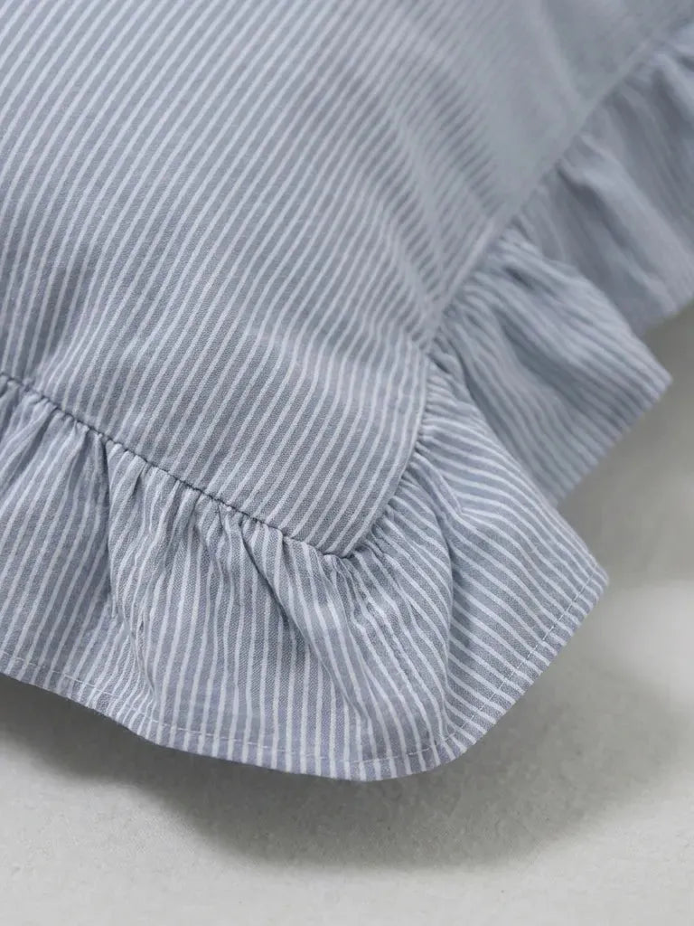 Light Blue Ruffled Ticking Stripe Duvet Cover