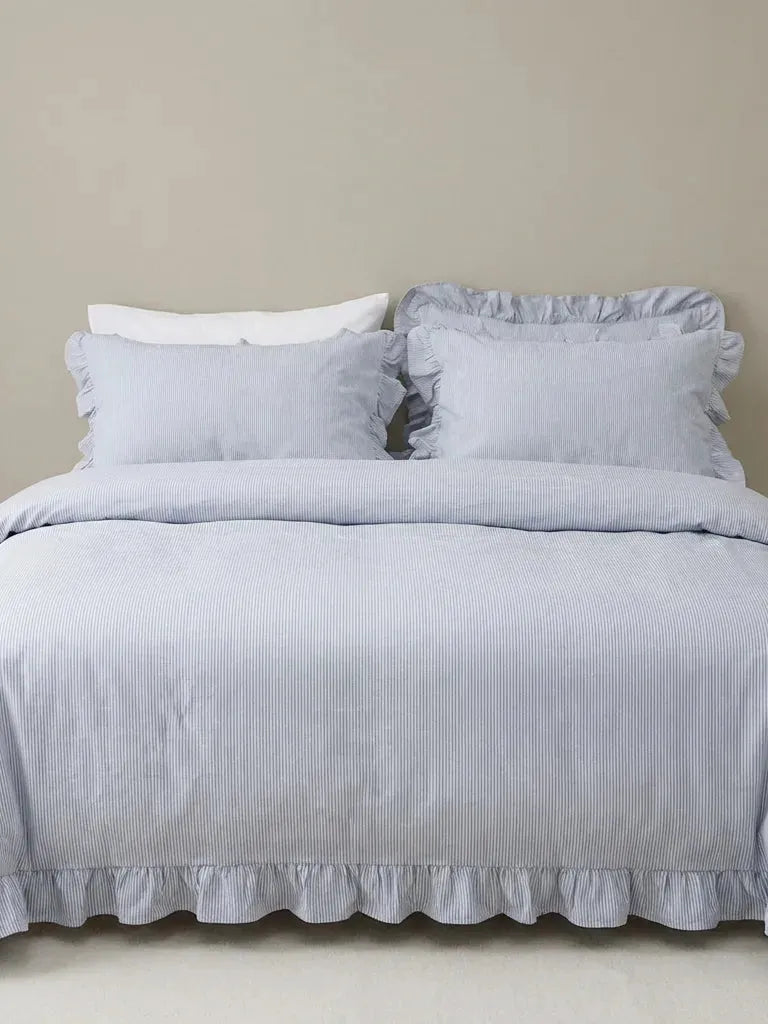 Light Blue Ruffled Ticking Stripe Duvet Cover