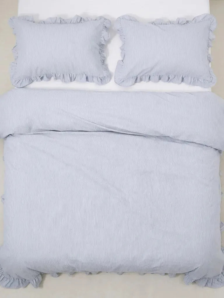 Light Blue Ruffled Ticking Stripe Duvet Cover